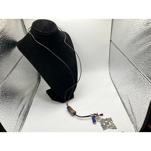 Artisan Aztec Style Metal Pendant Dangles Bolo Tie Tube on a Leather Cord! - Picture 5 of 11